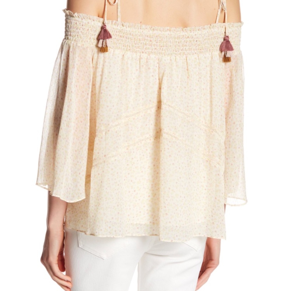 Rebecca Minkoff Strappy Off Shoulder Smocked Flowy Boho Top Tassel Tie Blouse - Picture 2 of 8